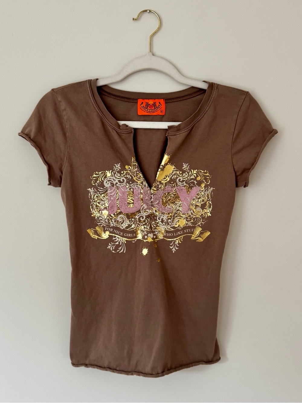 Juicy Couture Y2K Orange Label 100% Cotton Metallic Graphic Baby Tee, Brown – S
